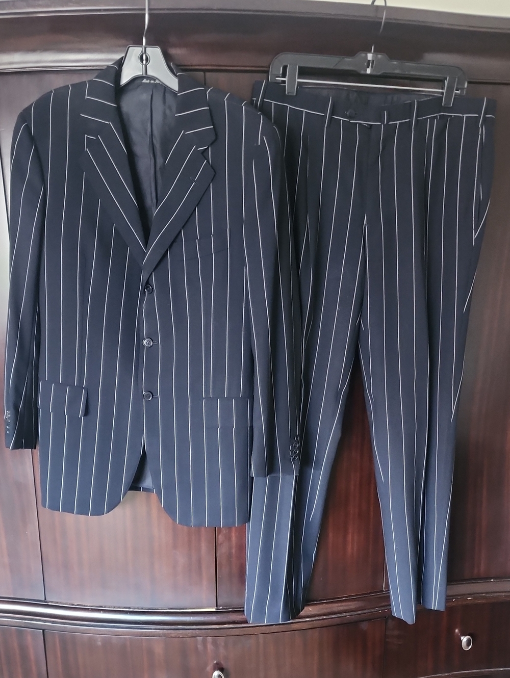 Men's Black Pinstripe Two-Piece Suit Jacket & Trousers